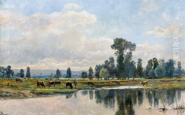 Sommerliche Flusslandschaft Mit Hirten Und Kuhen - view 1