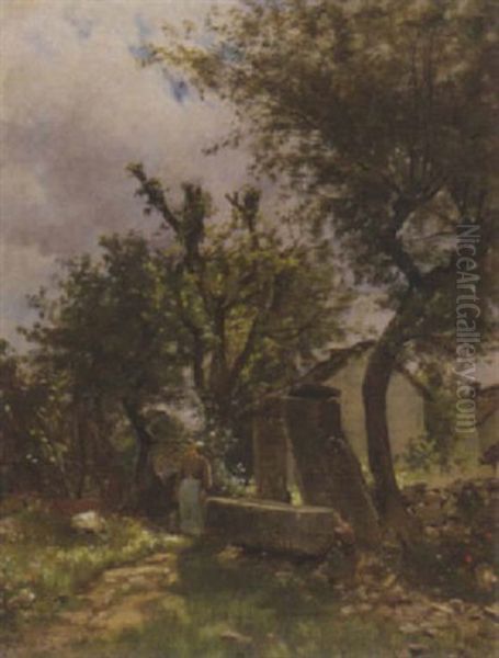 Sicht Auf Garten Mit Frau Am Brunnen - view 1