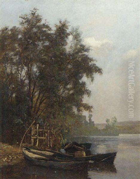 Rowing Boats Moored At A River Bank - view 1