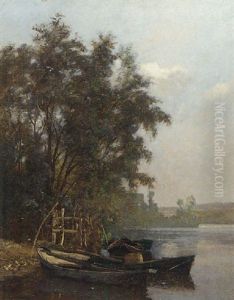 Rowing Boats Moored At A River Bank by Charles Joseph Beauverie