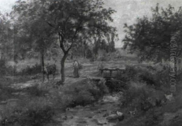 Wiesenlandschaft Mit Bauerinund Zwei Kuhen - view 1