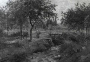 Wiesenlandschaft Mit Bauerinund Zwei Kuhen