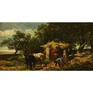 Baumgruppe Mit Bauer, Pferden Und Hutte
