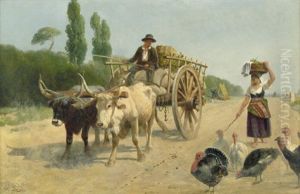 Auf Der Landstrasse (italienischer Bauer Mit Ochsengespann Im Gesprach Mit Einer Bauerin)
