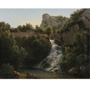 A Landscape With A Waterfall, A Mountain Village At The Edge Of The Cliff