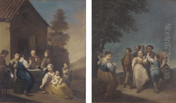 A Landscape With Peasants Feasting Outside A Barn (+ A Landscape With Peasants Dancing And A Young Girl Playing A Stringed Instrument; Pair) - view 1