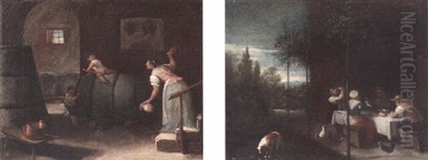 A Woman Scolding Her Children Playing In A Wine Cellar - view 1