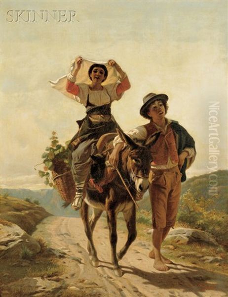 Peasant Couple With Donkey On Dirt Road - view 1