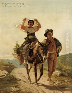 Peasant Couple With Donkey On Dirt Road