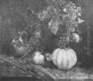 Variastilleben Mit Fruchten, Glasgefasen Und Einem Keramikkrug Auf Einem Teppich by Maria Johanna Wilhelmina Becht