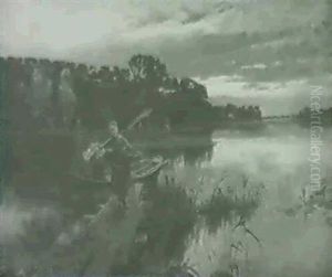 Abendlicher See Mit Reusenfischern by Friedrich Beck
