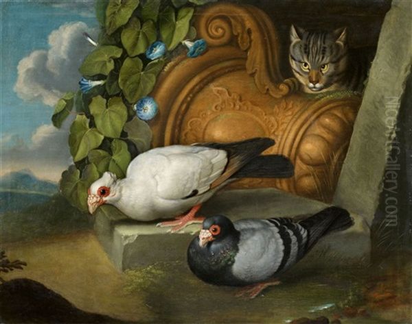 Zwei Tauben Mit Katze - view 1