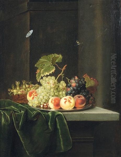 Nature Morte Au Raisin, Peches, Et Noisettes Sur Un Entablement De Pierre - view 1