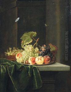 Nature Morte Au Raisin, Peches, Et Noisettes Sur Un Entablement De Pierre