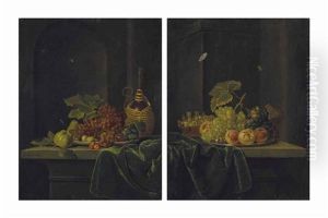 Nature Morte Aux Raisins Et A La Fiasque De Vin; Et Nature Morte Aux Raisins, Peches Et Noisettes