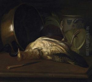 Stilleben Mit Kuchenutensilien, Kohl Und Erlegtem Wildvogel (+ Another, Similar; 2 Works) by Jacob Samuel Beck