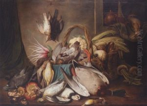 Still Life With Duck, Partridges, Pigeons, Woodcock, Songbirds And Other Various Game Birds, Together With A Basket And Some Vegetables by Jacob Samuel Beck