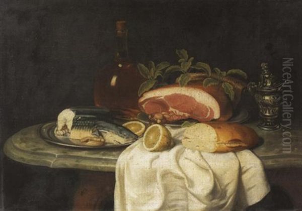Stilleben Mit Grosem Schinken, Angeschnittenem Brot, Einer Aufgeschnittenen Zitrone, Fisch Auf Einer Zinnplatte Und Einer Flasche Wein - view 1