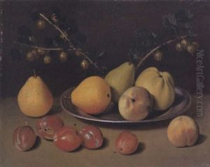 Still Life Of Pears, Apples And Gooseberries On A Platter Resting On A Ledge Scattered With Other Fruit by Jacob Samuel Beck