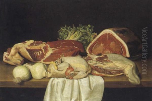 Stilleben Mit Fleisch, Geflugel Und Gemuse Auf Einer Tischplatte - view 1