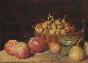 Still Life Of Crabapples In A Basket, Together With Apples And Pears, Upon A Stone Ledge by Jacob Samuel Beck