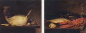 A Turbot, A Sardine, Oysters, Mussels And A Stone Ware Jug On A Stone Ledge by Jacob Samuel Beck