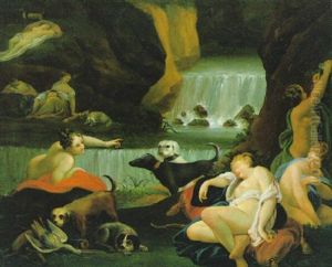 Diana Mit Ihren Nymphen Nach Der Jagd An Einem Wasserfall Ruhend by Jacob Samuel Beck