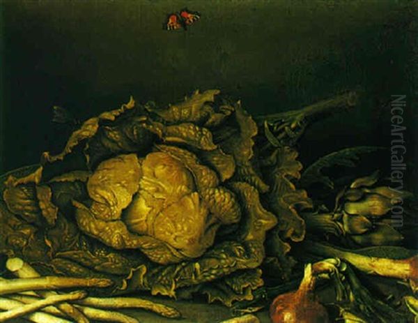 Still Life Of Cabbage, Artichokes, Asparagus And Onions, With A Butterfly And Dragonfly - view 1