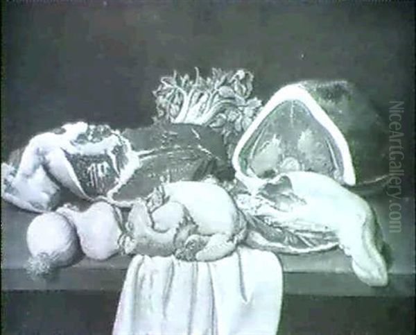Still Life Of Meat And Poultry With Vegetables On A Table Partly Draped With A White Cloth - view 1