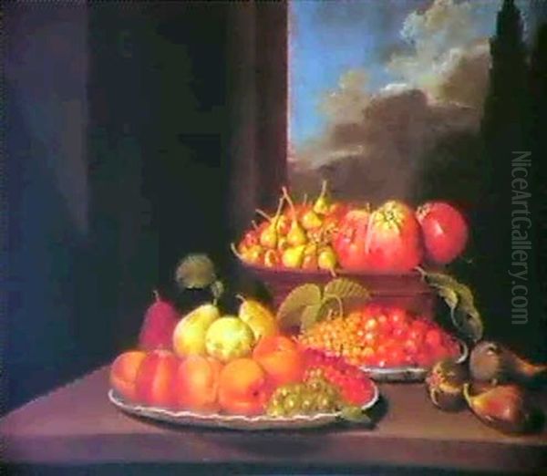 Still Life Of Apples And Pears In A Basket, Strawberries And Whitecurrants In A Dish, And Apricots, Pears, Gooseberries - view 1