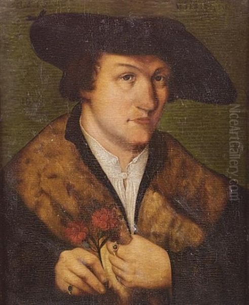 Portrait Of A Gentleman, In A Fur-trimmed Coat And Black Hat, Holding Two Carnations - view 1