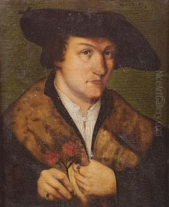 Portrait Of A Gentleman, In A Fur-trimmed Coat And Black Hat, Holding Two Carnations