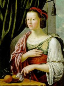 Portrait Of A Lady As Pomona, Standing By A Table On A Draped Terrace, Wearing Classical Costume Portrait Of A Lady As Pomona, Standing By A Table On A Draped Terrace, Wearing Classical Costume