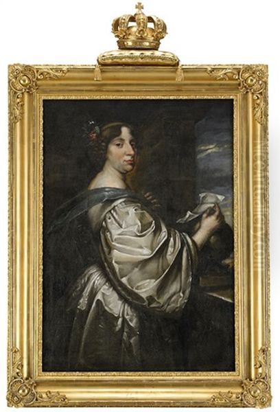 Portratt Av Drottning Kristina (1626-1689), Kladd I Vitt Atlassiden, Blommor I Haret, I Hoger Hand Hallandes Brev Vilande Pa Glob, I Vanster Hand Bla Sloja - Hoftbild - view 1
