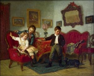 Lapset Leikkivat Kissan Ja Koiran Kanssa by Adolf von Becker