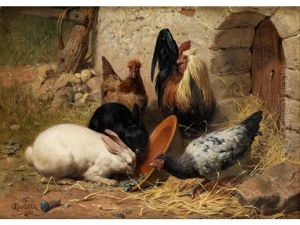 Hasen Und Huhner Im Heu by Albert Becker