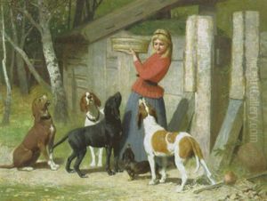 Waidmanns Tochterlein Futtert Die Jagdhunde Vor Dem Stall by Albert Becker