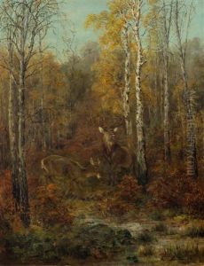A Wooded Landscape With Deer by Anton Becker