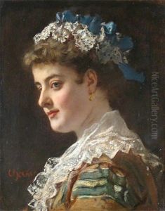 Portrait Of A Lady In A Lace Cap With Blue Ribbons