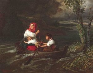 Flucht Vor Dem Gewitter. Drei Geschwister In Kleinem Ruderboot Bei Aufziehendem Gewitter by Carl Ludwig Friedrich Becker