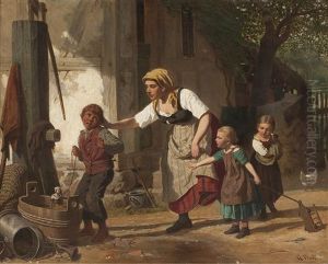 Ohne Titel (mutter Zieht Ihrem Jungen Das Ohr Wahrend Die Tochter Zusehen) by Ernst Albert Becker
