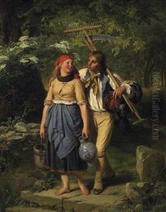 Junges Paar Bei Der Heimkehr Auf Einem Waldweg Junges Paar Bei Der Heimkehr Auf Einem Waldweg