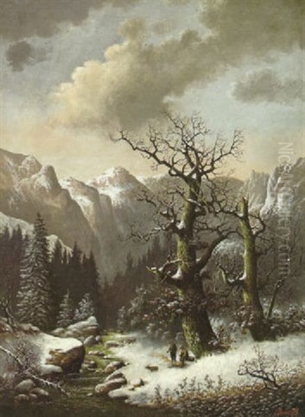 A Mountainous Winter Landscape With Hunters Resting By A Fire - view 1