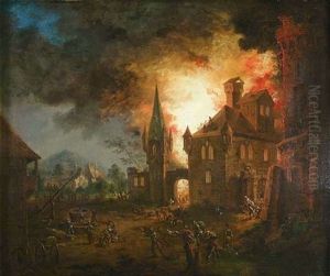 Feuersbrunst In Einem Kastell. Zahlreiches Volk Ist Mit Losch- Und Rettungsarbeiten Beschaftigt