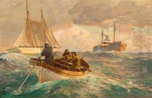 Dampfer, Segelschiff Und Ruderboot Auf Bewegter See Mit Sonnigem Lichteinfall Dampfer, Segelschiff Und Ruderboot Auf Bewegter See Mit Sonnigem Lichteinfall
