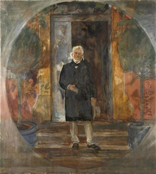 Bildnis Eines Herren Mit Langerem Weisen Haar Und Bart Auf Einer Treppe Vor Einem Herrschaftlichen Portal - view 1