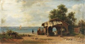 Uferstuck Am Starnberger See Mit Bootshaus Und Reicher Figurenstaffage An Einem Sommertag