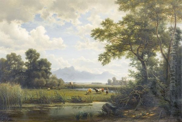Morgendliche Flussuferpartie Mit Bauerin Und Kuhen - view 1
