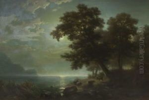 Reh Am Ufer Eines Nachtlichen Gebirgssees by Johann (Hans) Beckmann