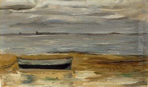 Strand Mit Grauem Kahn Und Grauem Meer Strand Mit Grauem Kahn Und Grauem Meer